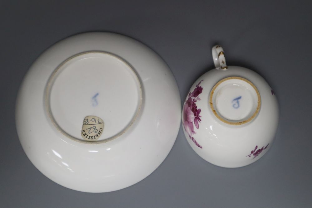 A Vienna puce en camaieu cup and trembleuse saucer, diameter 13.5cm (repair) and a similar Furstenburg cup and saucer, late 18th centur